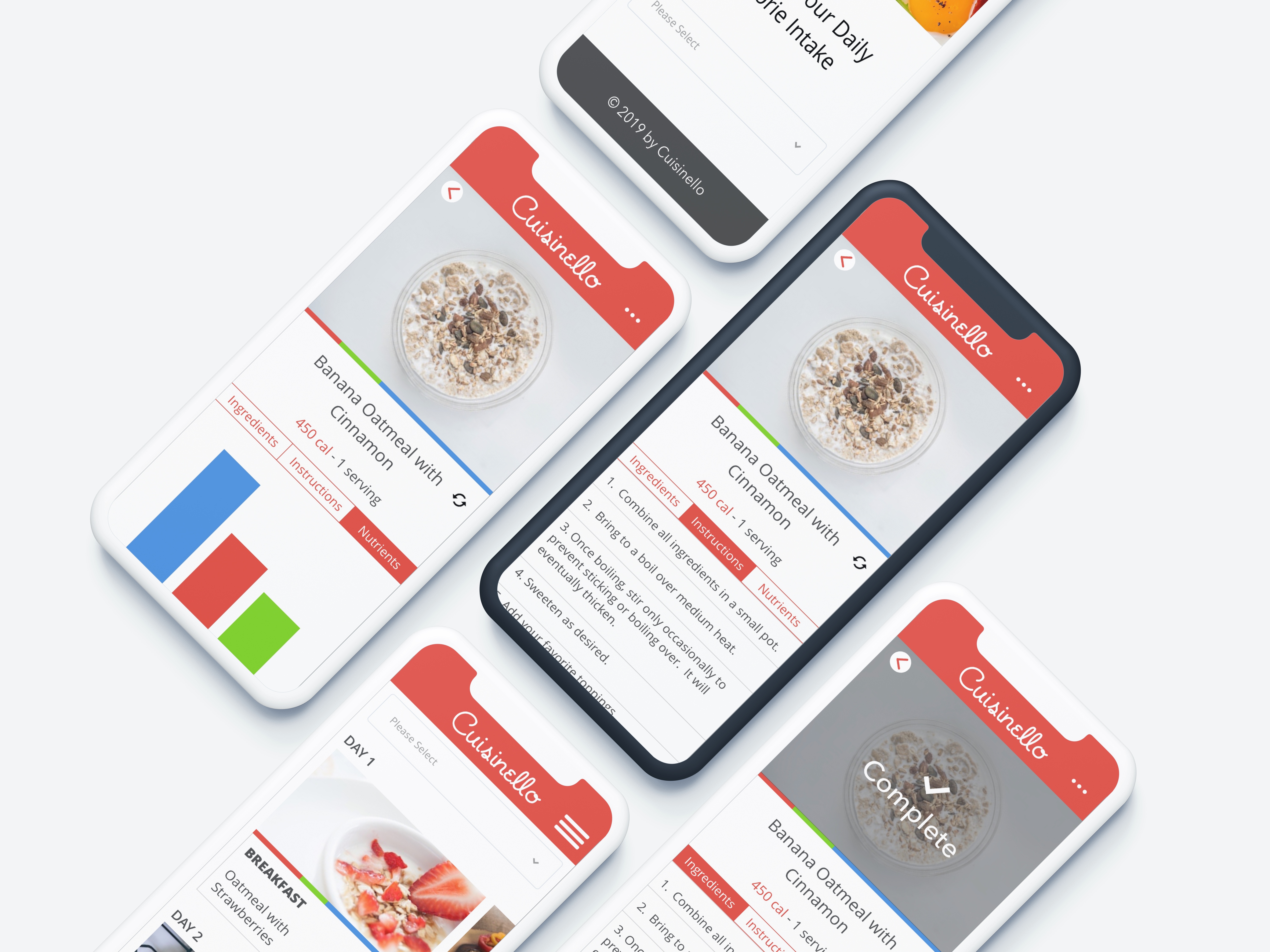 Mobile screens showing different recipes with instructions