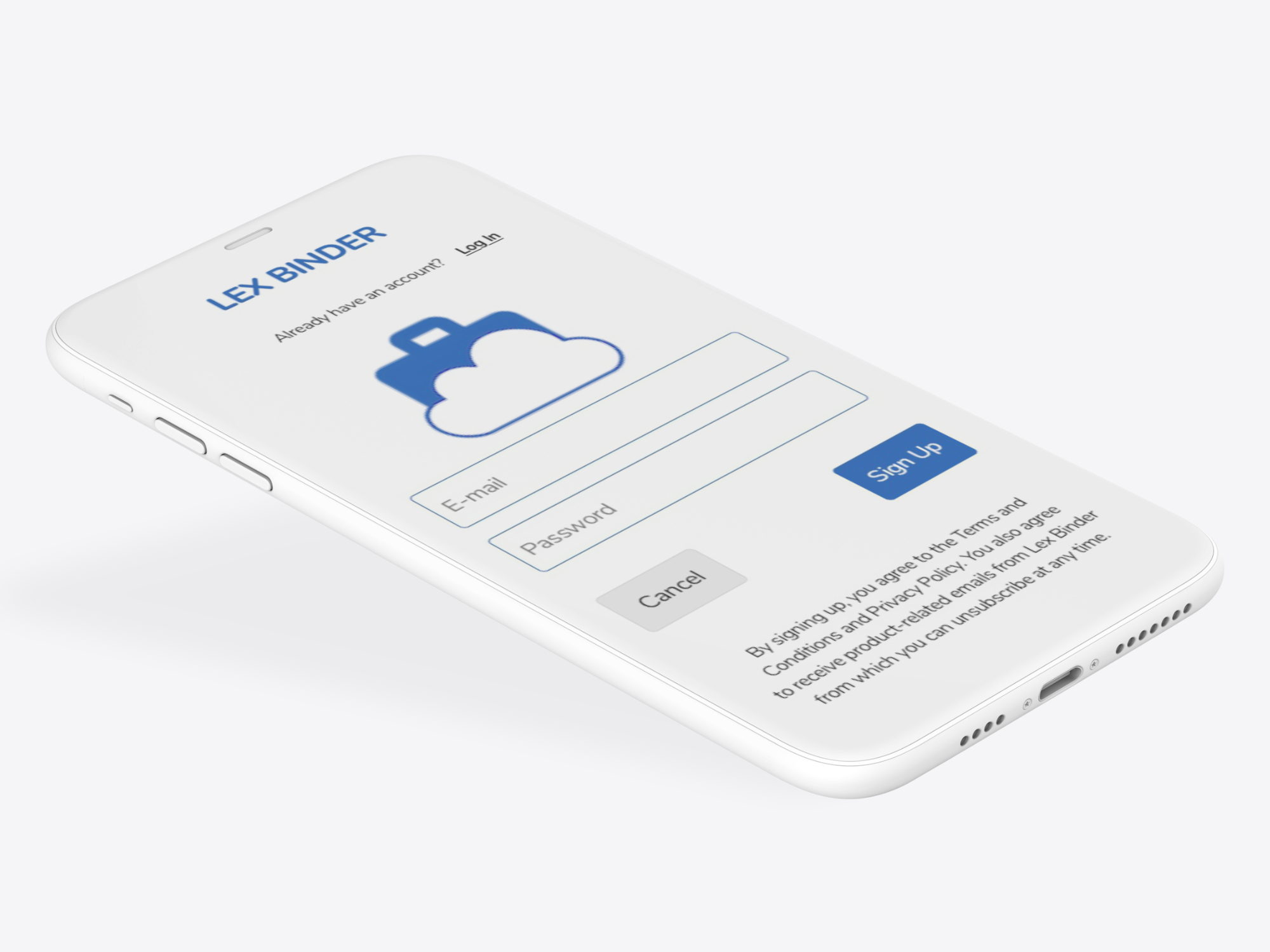 Mobile sign-up screen with a briefcase partially covered by a cloud including email and password inputs
